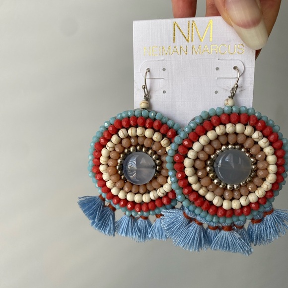 Neiman Marcus Statement Fran Drop Fringe Round Stone Bead Blue Red Cream NWT box - Picture 8 of 15